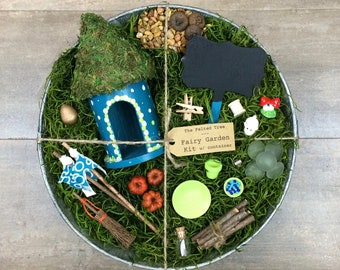 Fairy garden kit with container blue castle house round, glitter wing fairy add on, galvanized tub