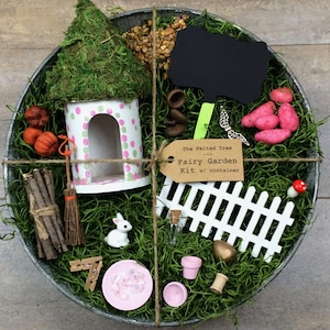 Fairy garden kit with container DIY, pink green polka dot round fairy house galvanized outdoor container