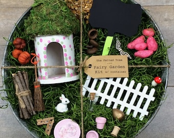 Fairy garden kit with container DIY, pink green polka dot round fairy house galvanized outdoor container