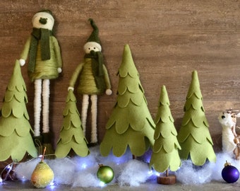 Christmas Decorations, Pea Soup Green Sewn & Stacked Felt Tree, Felt / Felted Wool Home Decoration, Nativity and Holiday Scene Decor