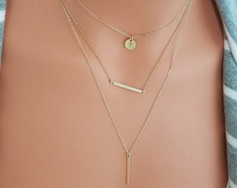Sterling Silver, 14 K Gold Filled, Bar Necklace, Disk Necklace, Initial Necklace, Dainty Necklace, Necklaces for Women, Layering Necklace