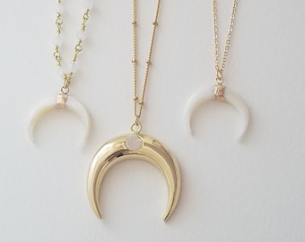 Ox Horn Necklace, Choker, Double Horn Necklace, Bridesmaid Gift, Natural Stone, Healing Crystals, Rosary Chain Choker