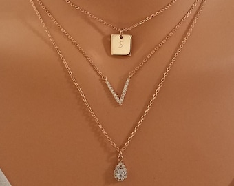 Initial Necklace, CZ Drop Necklace, Rose-Gold, Layering Necklace, Necklaces for Women, Cubic Zirconia, Personalized, Gift for Her, Tag