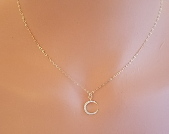 Moon Necklace, Gold Filled Chain, Cresent, Lunar, Dainty Necklace, Moon Pendant, CZ diamond, Layering Necklace, Bridesmaid Gift