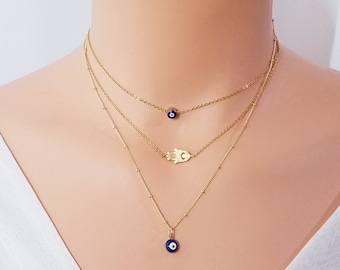Evil Eye Necklace, Gold Filled Chain, Tiny Evil Eye, Gold Evil Eye Necklace, Protection Necklace, Hamsa, Fatima Hand