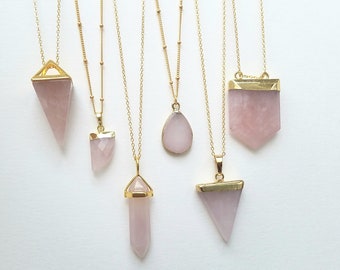 Gift For Her Celestial Jewelry Pink Crystal Bar Necklace Healing Jewelry Crystal Quartz Jewelry Raw Crystal Necklace