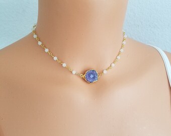 Solar Quarzhalskette, Kristall Scheibe Halskette, Halskette, Halskette, Brautjungferngeschenk, Edelsteinhalskette, Heilsteine