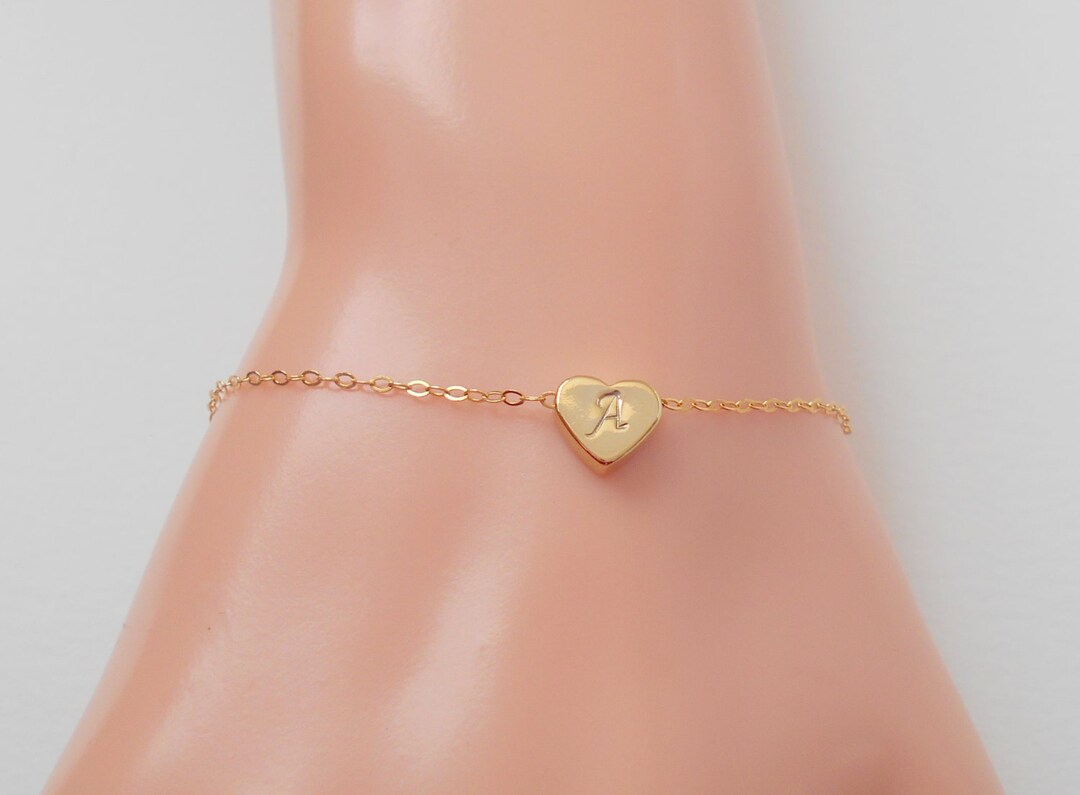 Initial Heart Bracelet Gold Filled Chain, Sterling Silver Chain, Tiny