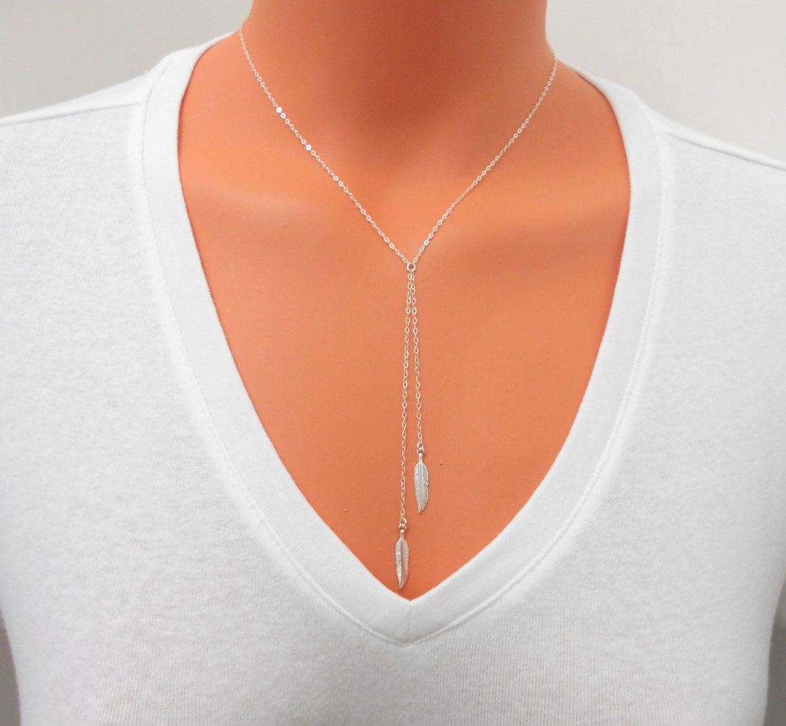 Feather Lariat Necklace Sterling Silver Dainty Necklace Etsy