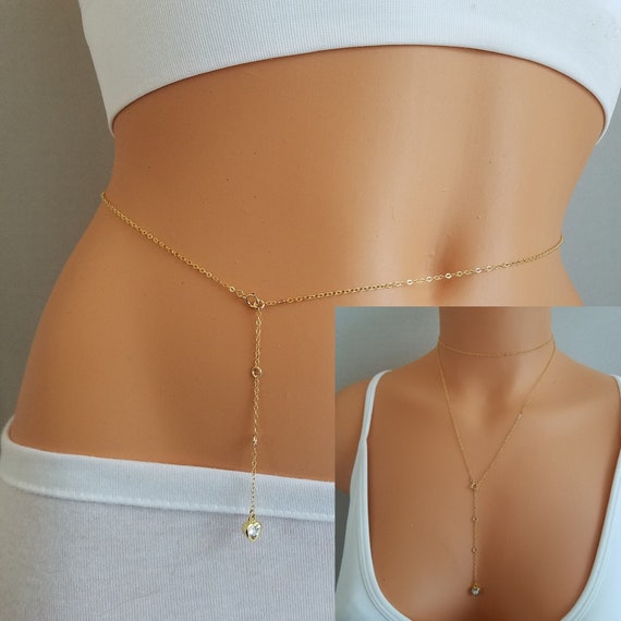 CZ Heart Belly Chain, 14 K Gold Filled, Sterling Silver, Belly