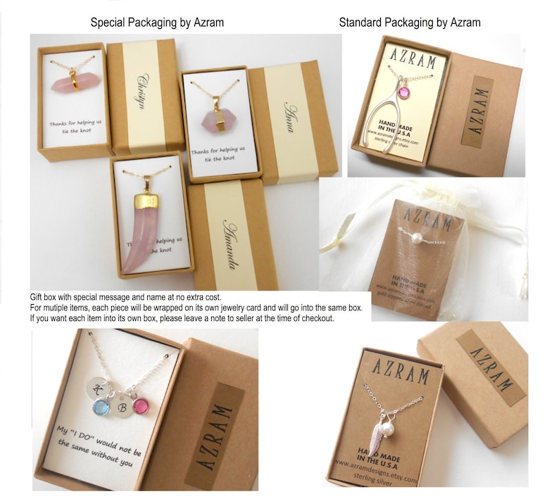 May include: A variety of packaging options for jewelry.  The boxes are brown cardboard with the company name "Azram" printed on them.  Some boxes include a small card with the text "Hand Made in the USA".  One box has a small white bag with a pearl necklace inside.  The text "Thanks for helping us tie the knot" is printed on some of the boxes.