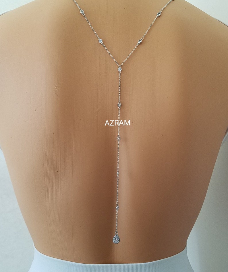 Cubic Zirconia Back Necklace, Bridal Necklace, CZ Diamond, Boho Choker, Minimal, Dainty Necklace, Bridesmaid Gift, Diamond Choker, Backdrop image 2