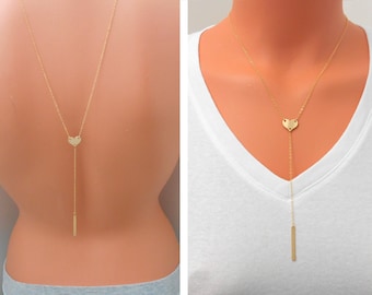 Hintergrund Halskette, 14 K Gold Filled, Sterling Silber, Rückseite Halskette, Herz Lariat, Herz Halskette, Halsketten für Frauen, Brautjungfer Geschenk