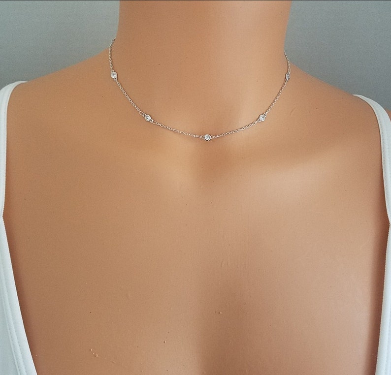 Cubic Zirconia Back Necklace, Bridal Necklace, CZ Diamond, Boho Choker, Minimal, Dainty Necklace, Bridesmaid Gift, Diamond Choker, Backdrop image 4