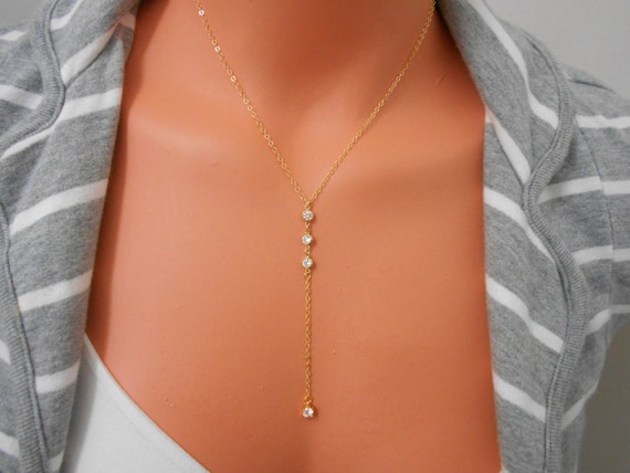 Bridal Necklace, CZ Diamond Lariat, 14 K Gold Filled, Sterling