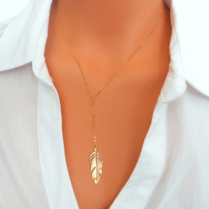 Lariat Necklace, 14 K Gold Fill, Feather Necklace, Feather Lariat, Lariat, Bridesmaid Gift, Necklace, Layered Necklace, Necklaces for Women