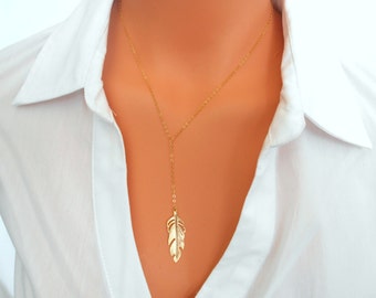 Lariat Necklace, 14 K Gold Fill, Feather Necklace, Feather Lariat, Lariat, Bridesmaid Gift, Necklace, Layered Necklace, Necklaces for Women