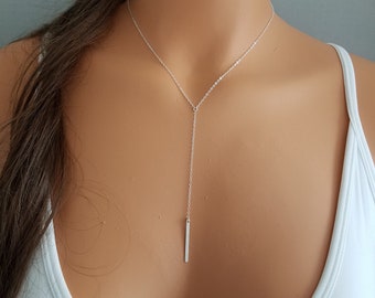 Lariat de barre en argent sterling, collier de barre rempli d'or 14 K, collier en Y, collier délicat, cadeau pour elle, collier de superposition, colliers pour femmes