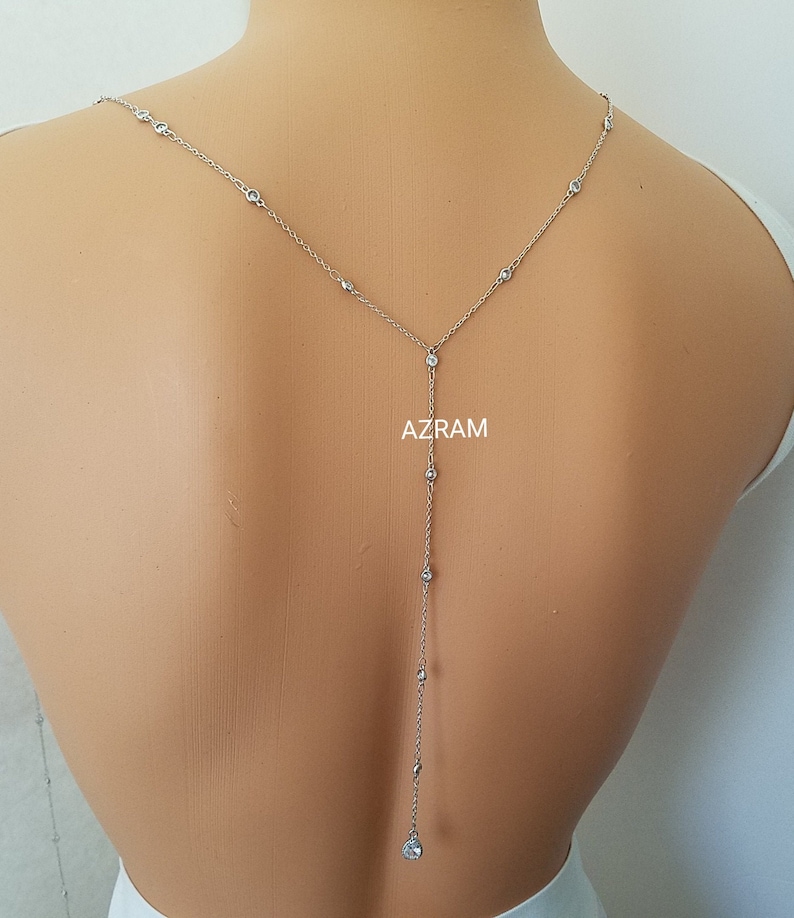 Cubic Zirconia Back Necklace, Bridal Necklace, CZ Diamond, Boho Choker, Minimal, Dainty Necklace, Bridesmaid Gift, Diamond Choker, Backdrop image 1