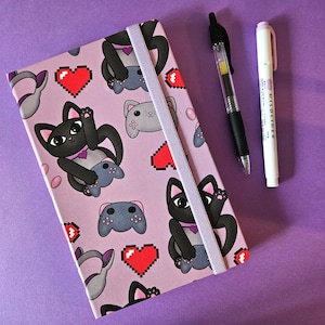 Gamer Cat Video Game Themed A5 Dot Grid Leatherette Notebook | Bullet Journal
