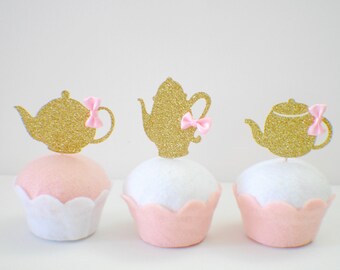 Tea party cupcake topper, tea party decoration, teapot cupcake topper, cupcaketopper, teaparty (12 toppers)
