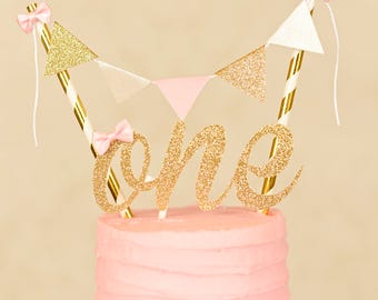 One Cake Topper, First birthday cake topper, ONE Smash Cake Set (Cake Topper and banner) Blush and gold cake topper, smash cake topper