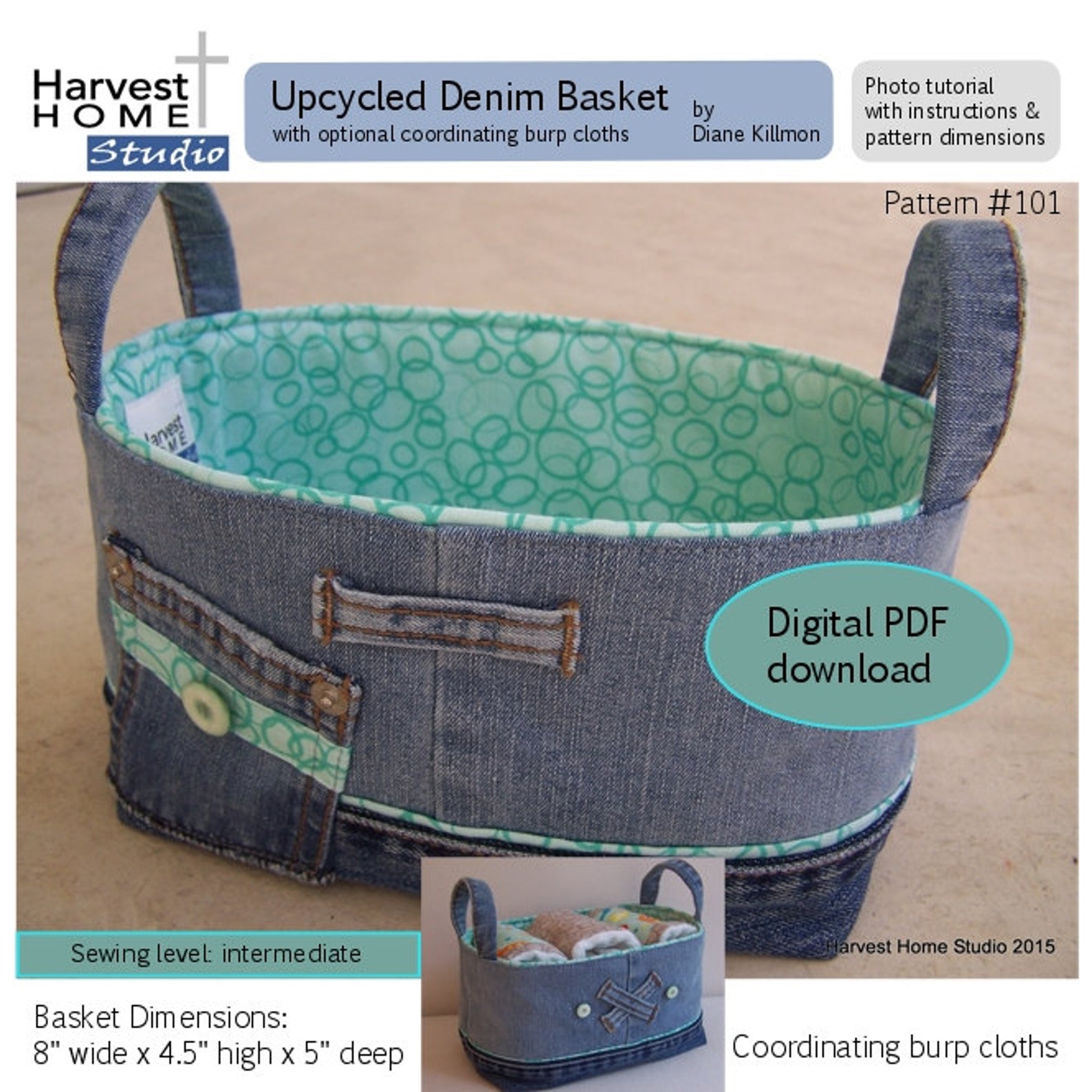 DIY Upcycled Denim Basket Digital PDF Download Sewing Pattern Photo