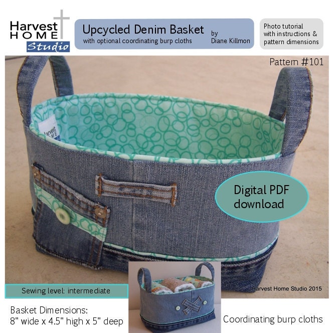 DIY Upcycled Denim Basket Digital PDF Download Sewing Pattern Photo