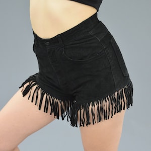80s Black Suede Leather Fringe High Waist Shorts // Baddie E-Girl // Badass Biker Chic, Rock Festival Clothing