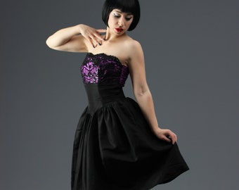 80s Purple & Black Cupcake Cocktail Dress w Black Lace, Sequin, Cutout Bow Back // 80s Party, Goth Prom by Gunne Sax Jessica McClintock XS