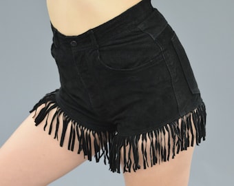80s Black Suede Leather Fringe High Waist Shorts // Baddie E-Girl // Badass Biker Chic, Rock Festival Clothing