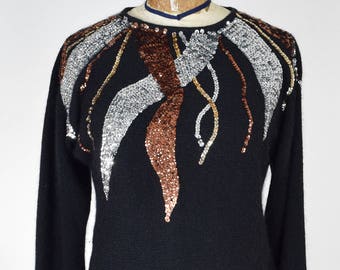 80s Black Sweater w Gold Silver Copper Sequin // Silk, Angora, Nylon Blend // Glamazon Femme Fatale, Sexy Kitsch Style, S/M