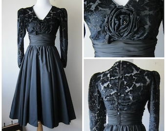 50s Inspired 80s Prom Party Dress in Black w Burnout Velvet & Full Crinoline Skirt // Goth Rockabilly Glam XS / Small