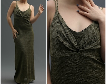 70s Disco Maxi Dress in Gold Metallic Lurex // Draped Bust, Rhinestone Detail, Double Spaghetti Straps // Old Hollywood Vibes