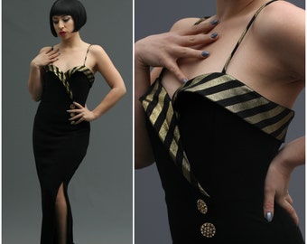 80s Inky Black Floor Length Bodycon Dress Gown // 50s Inspired Gold Stripe Wing Bust, Side Slit // Baddie Bimbo Burlesque Showgirl Glam