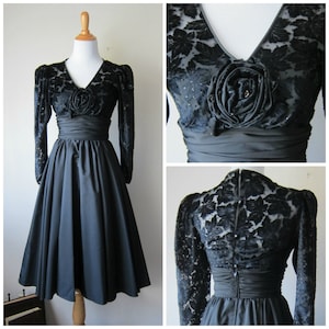 50s Inspired 80s Prom Party Dress in Black w Burnout Velvet & Full Crinoline Skirt // Goth Rockabilly Glam XS / Small