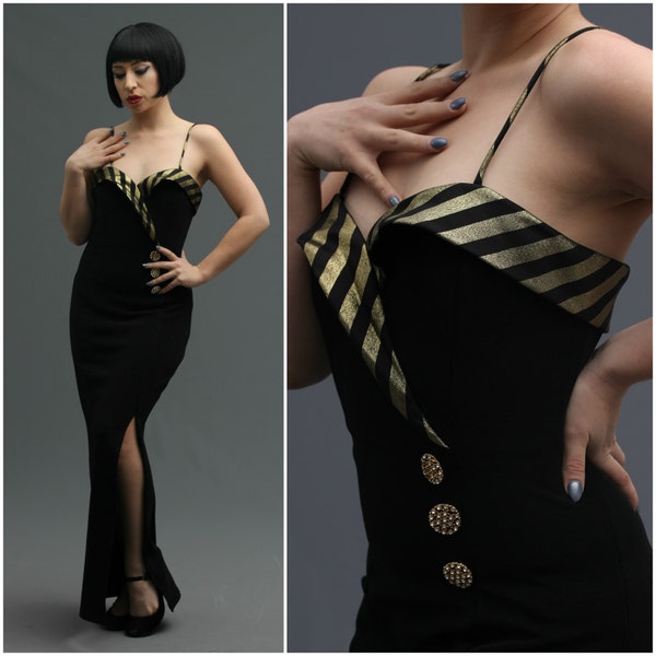 80s Inky Black Floor Length Bodycon Dress Gown // 50s Inspired Gold Stripe Wing Bust, Side Slit // Baddie Bimbo Burlesque Showgirl Glam