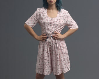 80s / 90s White & Red Polka Dot Button Up Rayon Romper // Normcore Soft Girl // 30s 40s Playsuit Inspired // XS / S