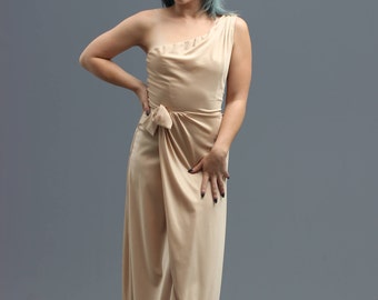 70s Champagne Polyester Draped Long Maxi Gown w Asymmetrical One Shoulder and Tulip Wrap Skirt // Disco Diva Grecian Goddess Dress