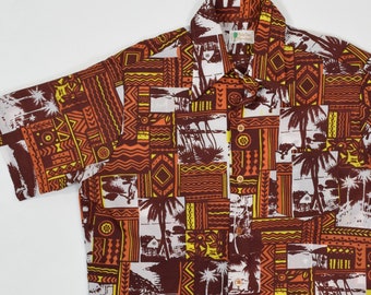 70s Aloha Hawaiian Print Shirt // Brown Orange White Yellow // Polyester Button Up Tropical Shirt, Palm Tree of Branford