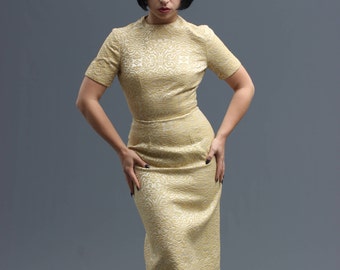 50s / 60s Champagne Gold Brocade Wiggle Dress // Extreme Hourglass Cocktail Dress // Stunning Sexy New Years Holiday Glam, Mad Men Pinup