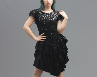 80s Black Sequin Fringe Cocktail Dress w Layered Skirt & Open Keyhole Back // Goth Halloween Glam, Dynasty Femme Fatale