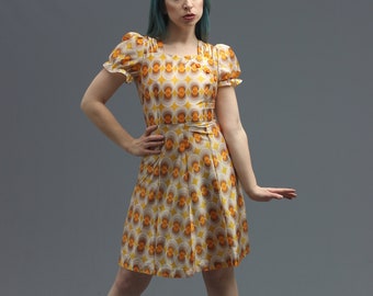 60s Mod Dress w Puff Sleeves in Geometric Orange, Yellow, Brown Print // Art Hoe Soft Girl // Twiggy Swinging London, Kinderwhore, XS XXS