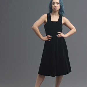 50s Black Velveteen Pinafore Style Dress // A-Line Skirt, Pocket Details //  Witchy Femme Fatale Pinup Bombshell Fashion