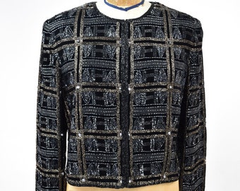 90s Black Velvet Beaded Statement Jacket by Adrianna Papell // Dazzling Glam Evening Jacket, Deco Inspired