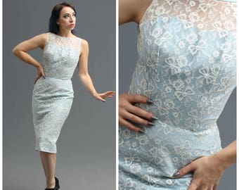 50s / 60s Powder Blue & White Lace Wiggle Dress // Ribbon Motif, Illusion Style // Pinup Wedding Bridal Dress, Garden Party Glamour