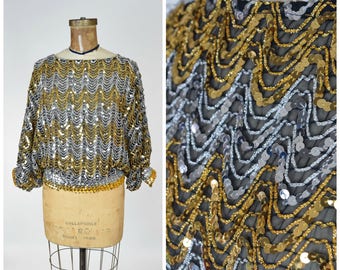 70s / 80s Silver & Gold Zig Zag Sparkle Sequin Blouse Top w Batwing Dolman Sleeves // Trashy Glam, Rock Disco Diva, Club Kid Fashion