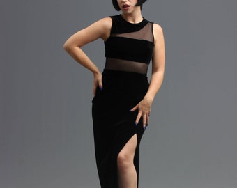 90s Black Velvet Cut Out Illusion Maxi Dress Gown // Stretch Velvet, Thigh Slit, Bodycon Fit, Mesh Panels // Sexy Bimbo Baddie Glam