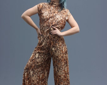 60s / 70s Snakeskin Print Palazzo Pant Jumpsuit // Wide Leg Pantsuit // Sandy Brown Beige Earth Tones // Bohemian Baddie Wild Mod Fashion