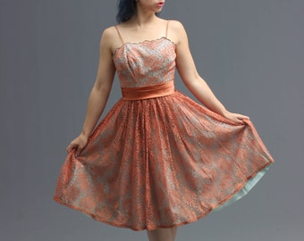 50s / 60s Party Dress in Tiffany Blue & Rose Gold Fern Motif Lace // Garden Party Cocktail Dress, Pinup Clothing, VLV